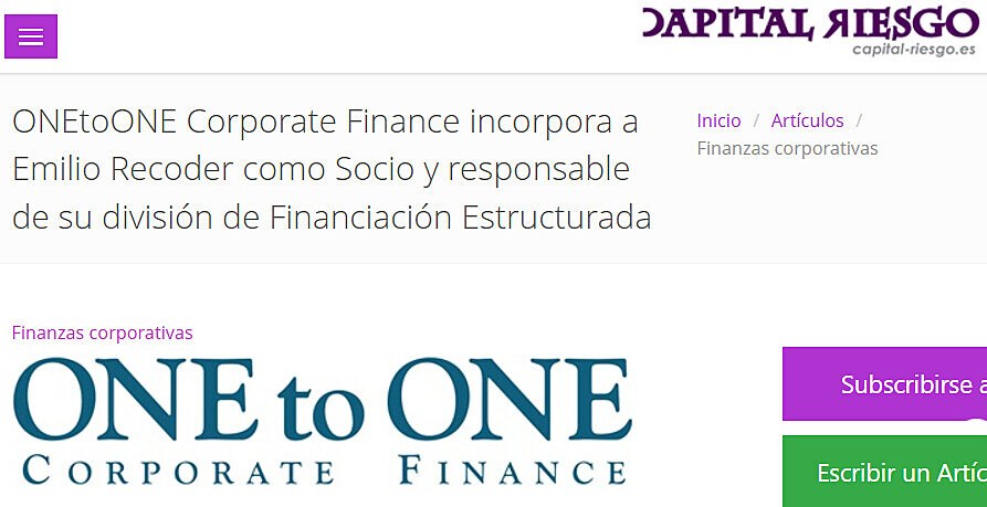 ONEtoONE Corporate Finance incorpora a Emilio Recoder como Socio y responsable de su divisin de Financiacin Estructurada